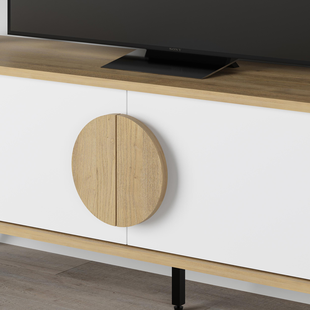 Decortie Gora 2 Door Oak and White TV Unit with Circle Handle Image 3