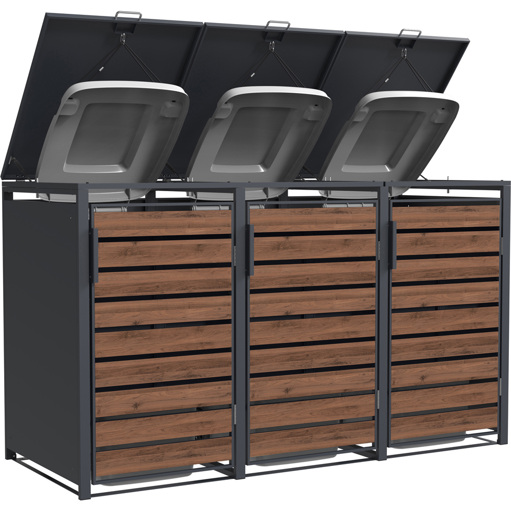 Trimetals 240L Triple Dark Wood Steel Wheelie Bin Storage Image 3