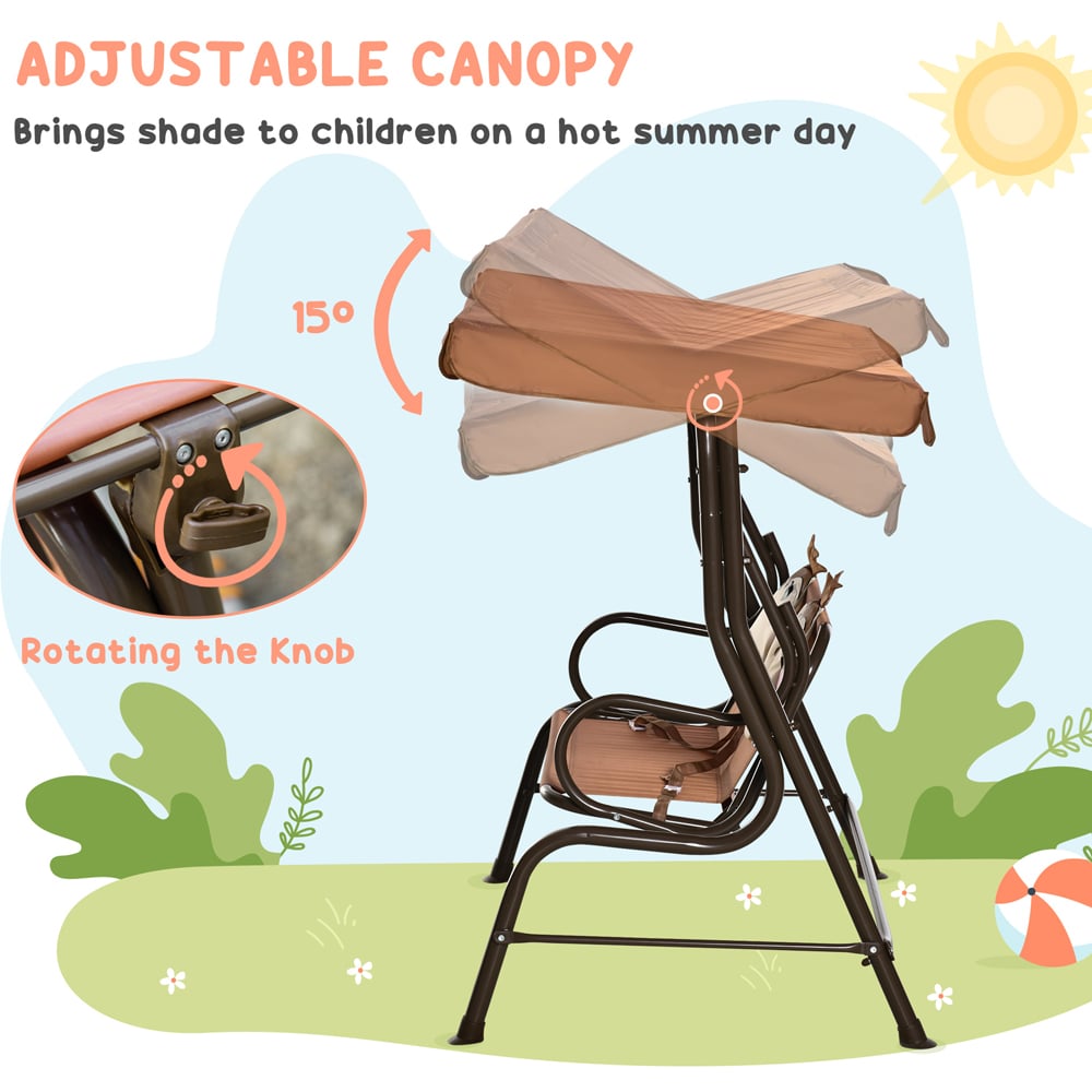 Outsunny 2 Seater Kids Brown Canopy Swing Chair with Adjustable Awning Image 6