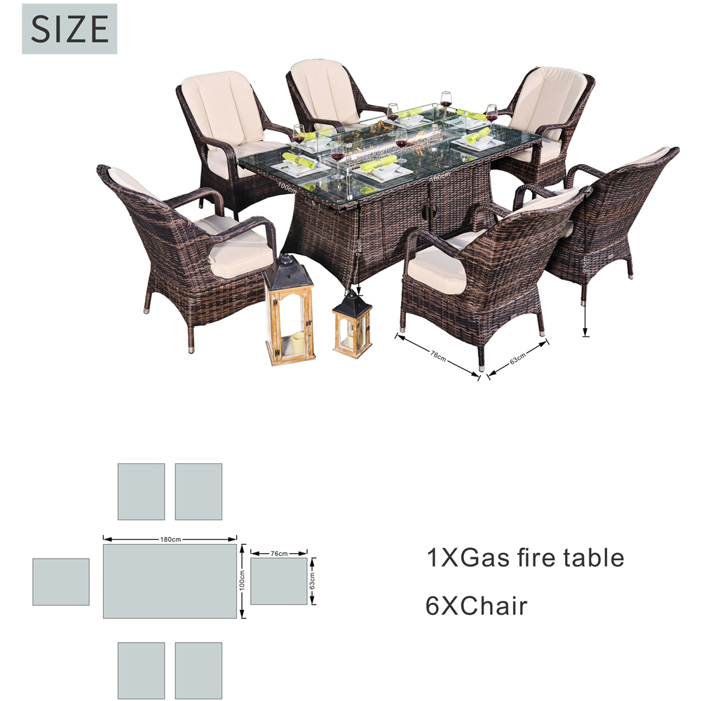 Direct wicker Brown 6 Seater Rattan Outdoor Dining Set with Rectangular Firepit Table Image 9