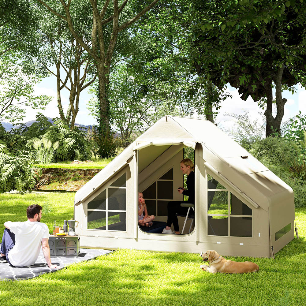 Outsunny 2-4 Person Inflatable Camping Tent with Pump Beige Image 2