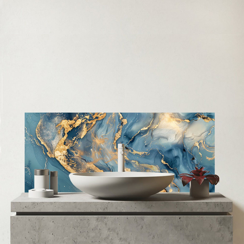 Warren Reed Designer Azure and Gold Marble Effect Bathroom Splashback ...