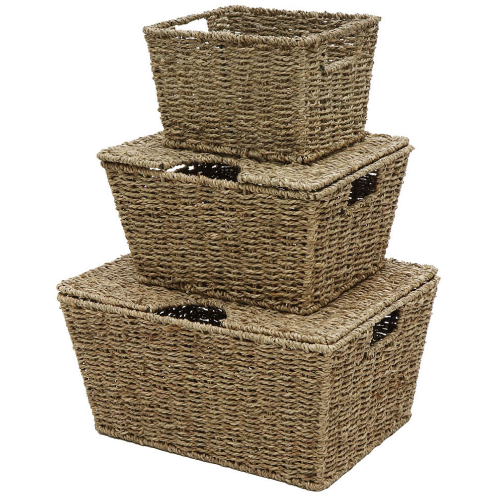 Homebase Rectangular Slabs JVL Seagrass Rectangular Storage Baskets with Lids 3 Pack | Homebase
