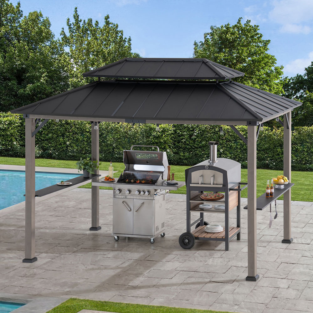 Sunjoy 3.6 x 2.4m Anthracite Wood Frame Hardtop Grill Gazebo with Electrical Outlets