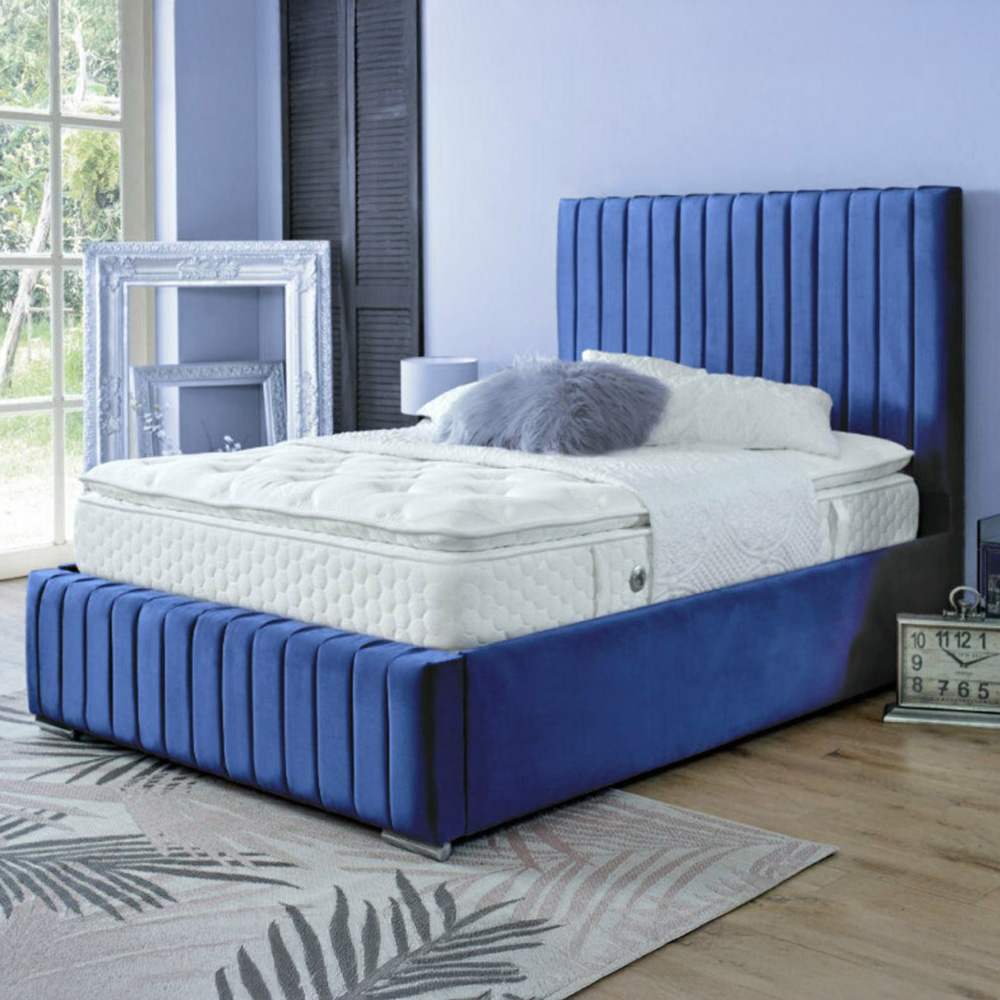 DS Living Savoy Small Double Blue Panel Line Soft Velvet Bed Frame Price Comparisons | Compare The Build