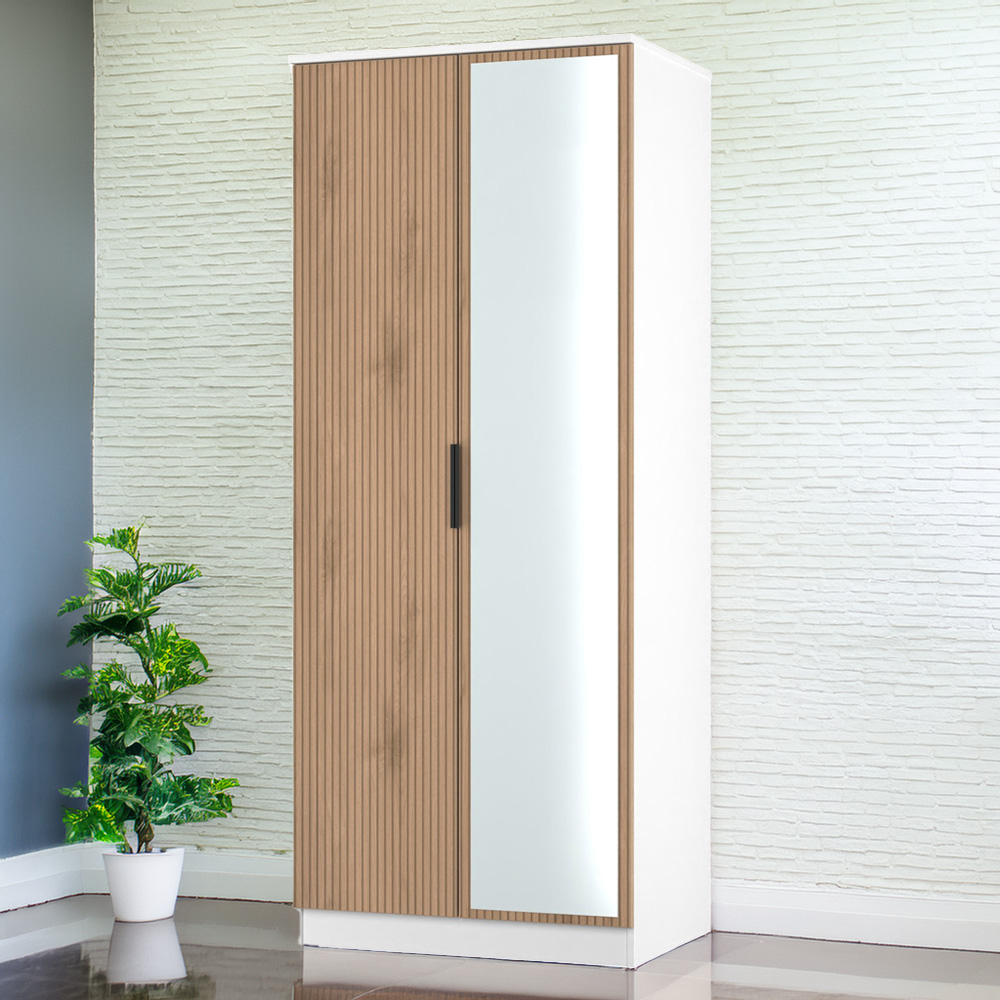 Crowndale Java Slatt Effect and White 2 Door Mirror Wardrobe Price Comparisons | Compare The Build