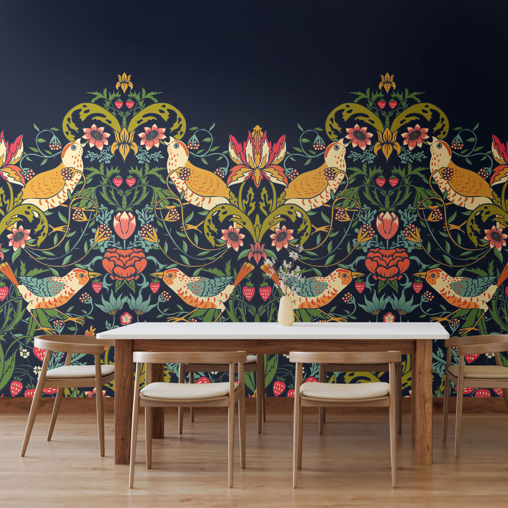 Origin Murals Birds Fruit and Foliage Navy Wall Mural | Homebase
