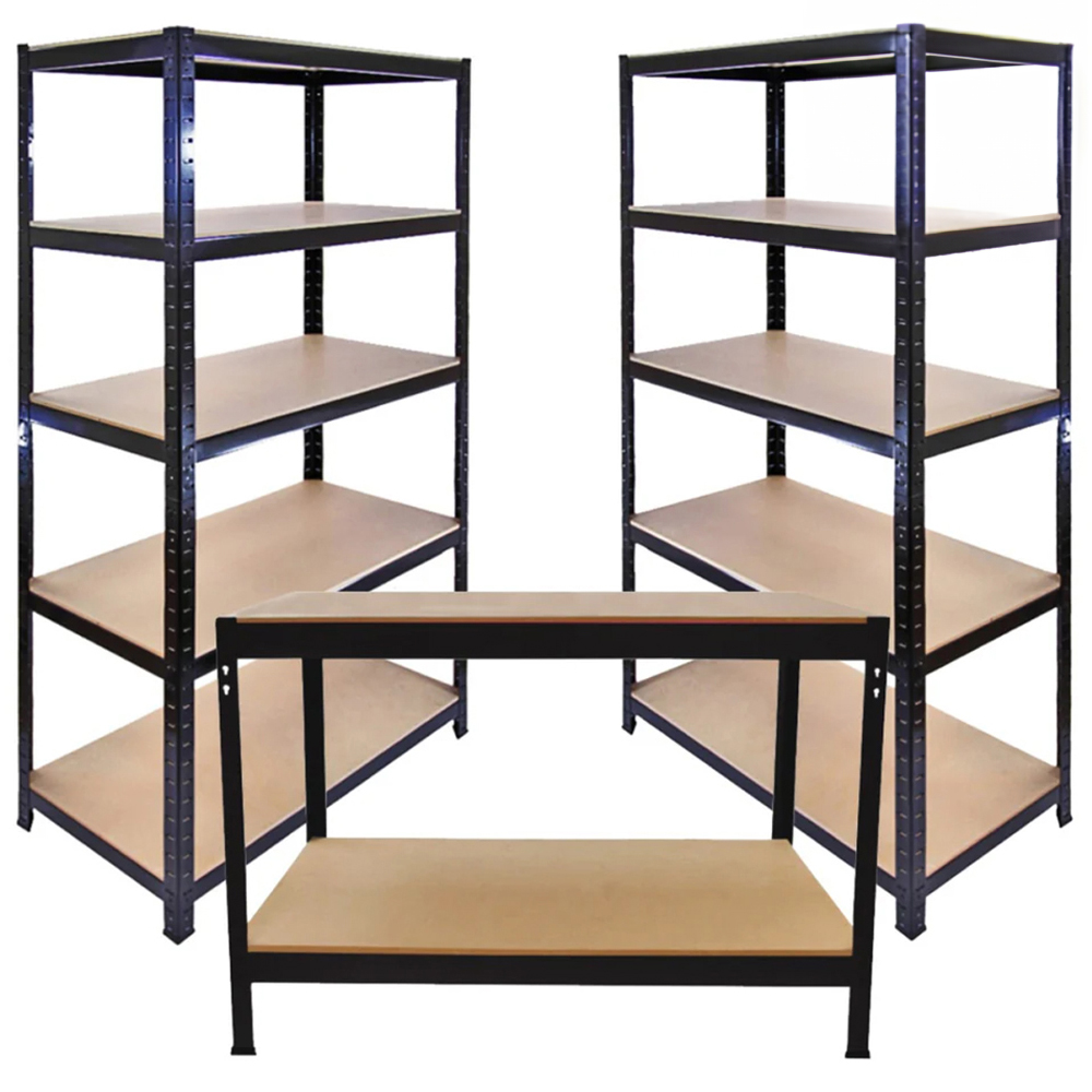 Steel Storage Racking Work Bench Monster Shop T-Rax Black Metal Racking Units and Workbench 90cm 3 Pack ...