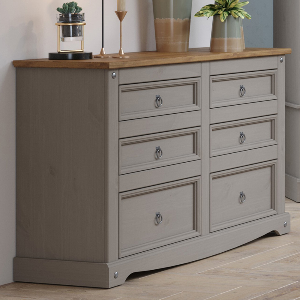 Corona 6 Drawer Grey Washed Wax Finish Wide Chest of Drawers Price Comparisons | Compare The Build