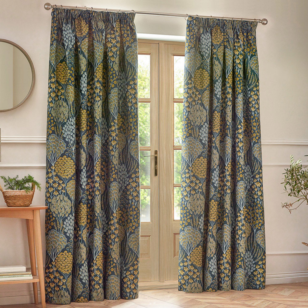 Wylder Ophelia Floral Jacquard Blue and Saffron Pencil Pleat Curtains 117 x 183cm Price Comparisons | Compare The Build