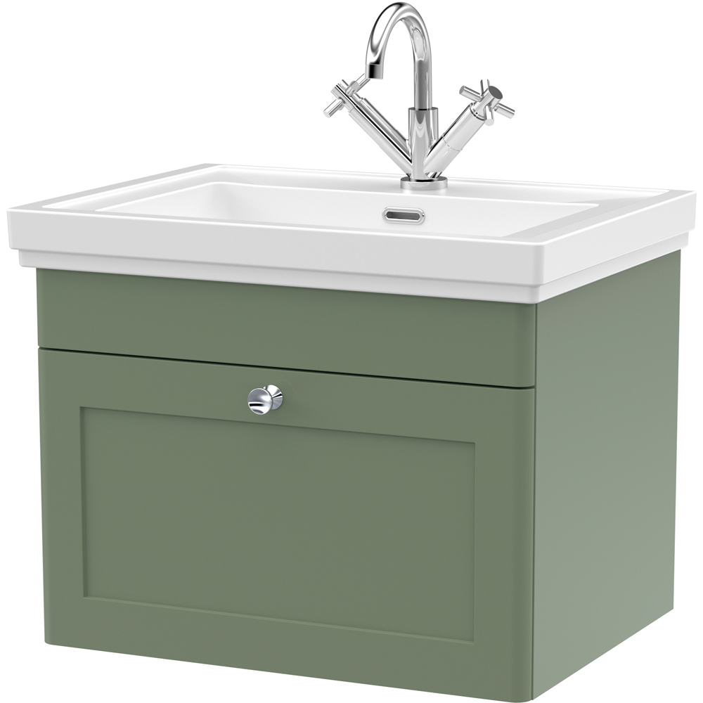 Nuie Classique 1 Drawer Satin Green Wall Hung Vanity Unit And 1 Tap Hole Fireclay Basin 600Mm