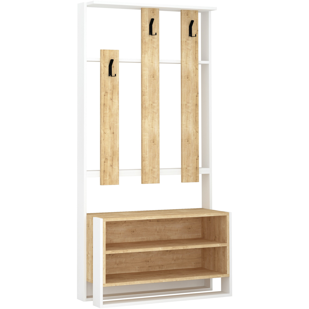Decortie Chester 5 Shelf White And Oak Hallway Coat Rack With Shoe Stand