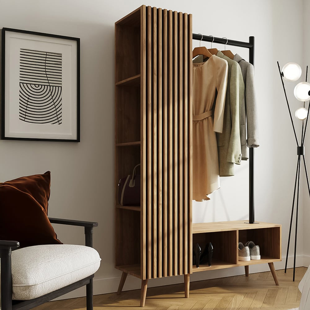 Gfw Rowan Oak 6 Shelf Slatted Open Wardrobe