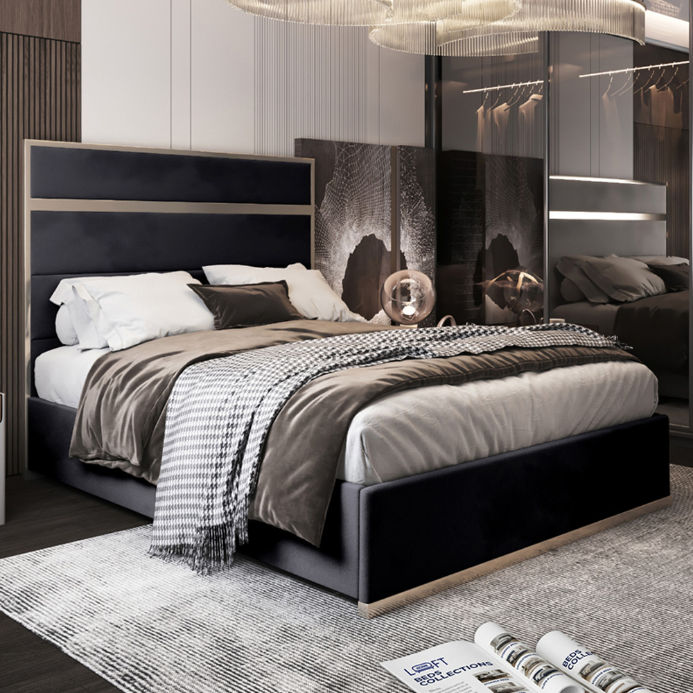 Bentley Black Double Velvet Upholstered Metal Bed Frame With Panelled Headboard