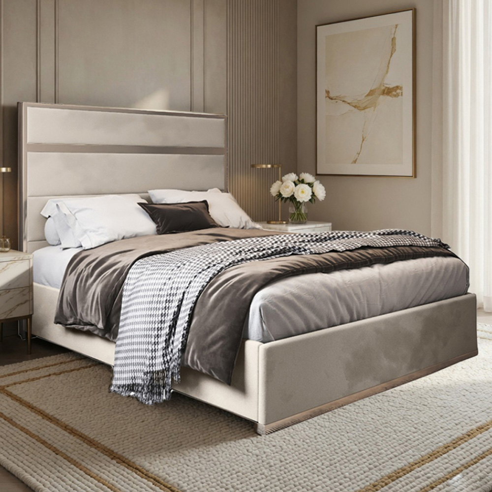 Bentley Silver Double Velvet Upholstered Metal Bed Frame With Panelled Headboard
