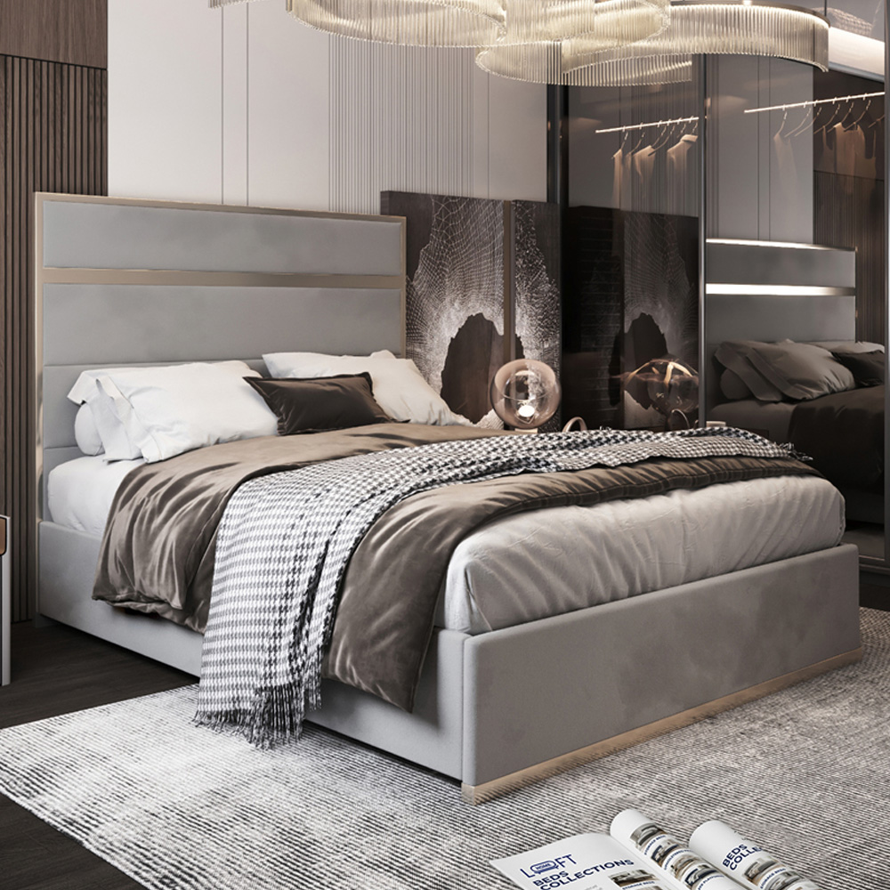 Bentley Grey Small Double Velvet Upholstered Metal Bed Frame With Panelled Headboard