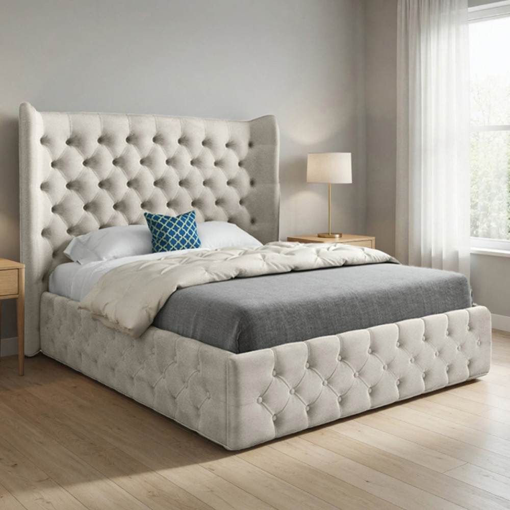 Florence Silver Super King Size Velvet Upholstered Bed Frame With Wide Winged Chesterfield Headboard