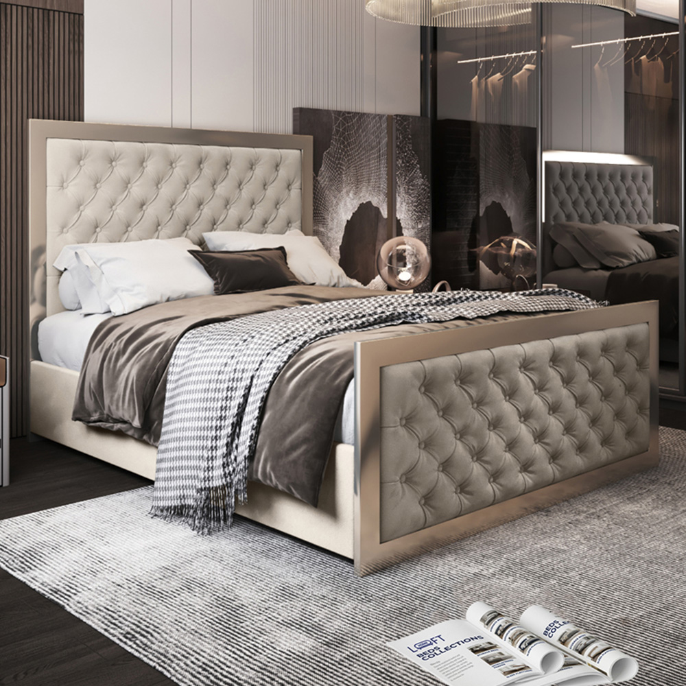 Maddison Silver King Size Velvet Upholstered Metal Bed Frame With Padded Headboard