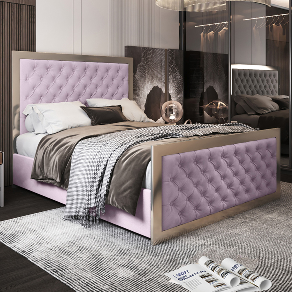 Maddison Pink Small Double Velvet Upholstered Metal Bed Frame With Padded Headboard