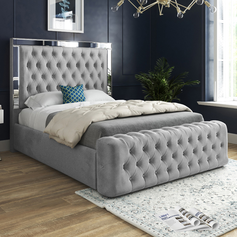 Marino Grey Double Velvet Upholstered Bed Frame With Mirrored Headboard