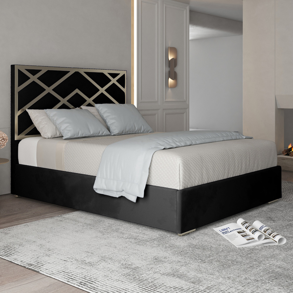 Mayfair Black King Size Velvet Upholstered Metal Bed Frame With Panelled Headboard