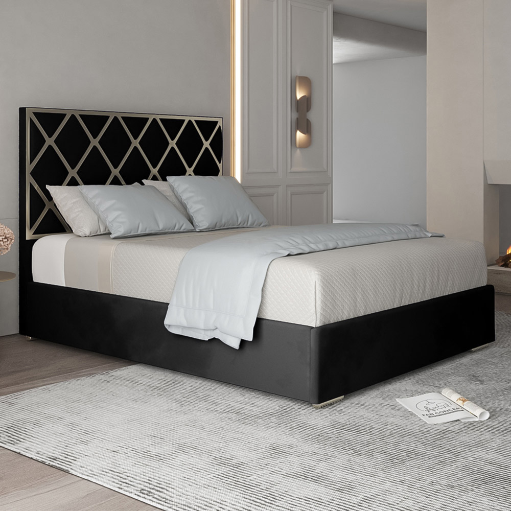 Tammy King Size Black Soft Velvet Upholstered Metal Bed Frame With Panelled Headboard