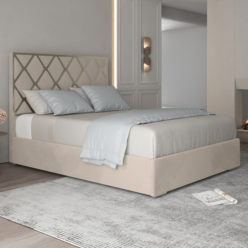Tammy Super King Size Silver Soft Velvet Upholstered Metal Bed Frame With Panelled Headboard